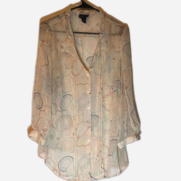 Lane Bryant Blouse 14/16 Cream Sheer Multicolor Print 3/4 Sleeve Business Casual - Picture 1 of 9